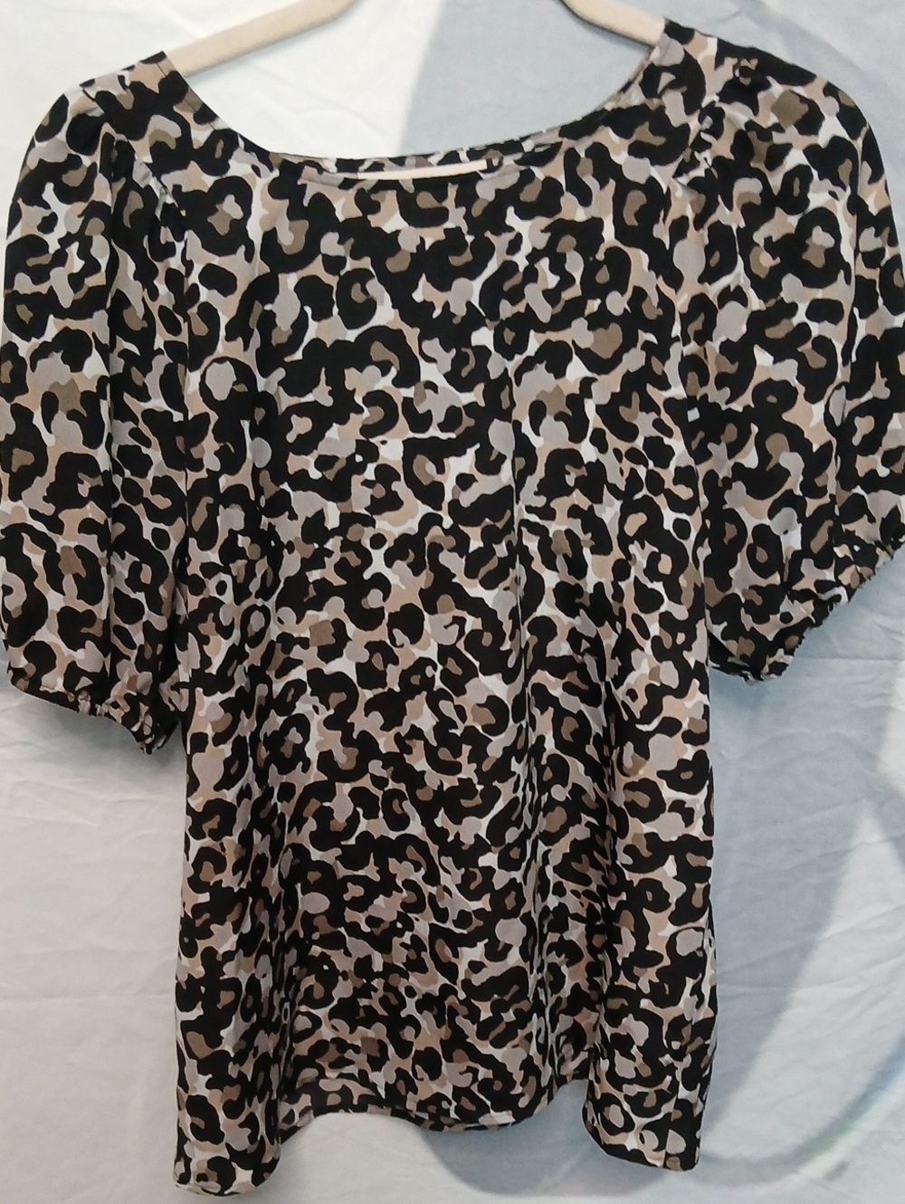 LOFT Leopard-Print Puff Sleeve Blouse in Black and Beige